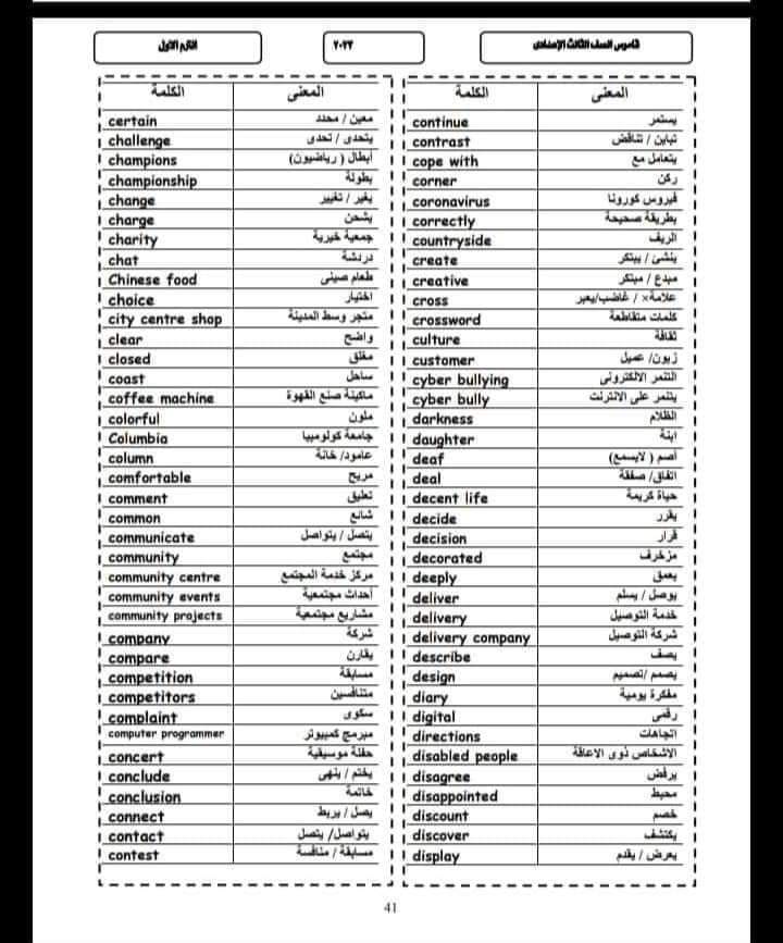 ملزمة اهم كلمات اللغة الإنجليزية الصف الثالث الاعدادي الترم الاول