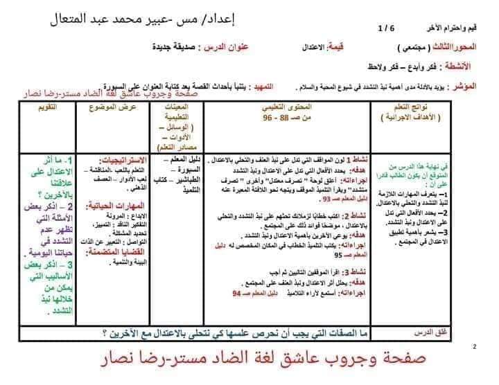 دفاتر تحضير القيم واحترام الآخر للصفوف الرابع والخامس والسادس الابتدائي الترم الثاني pdf