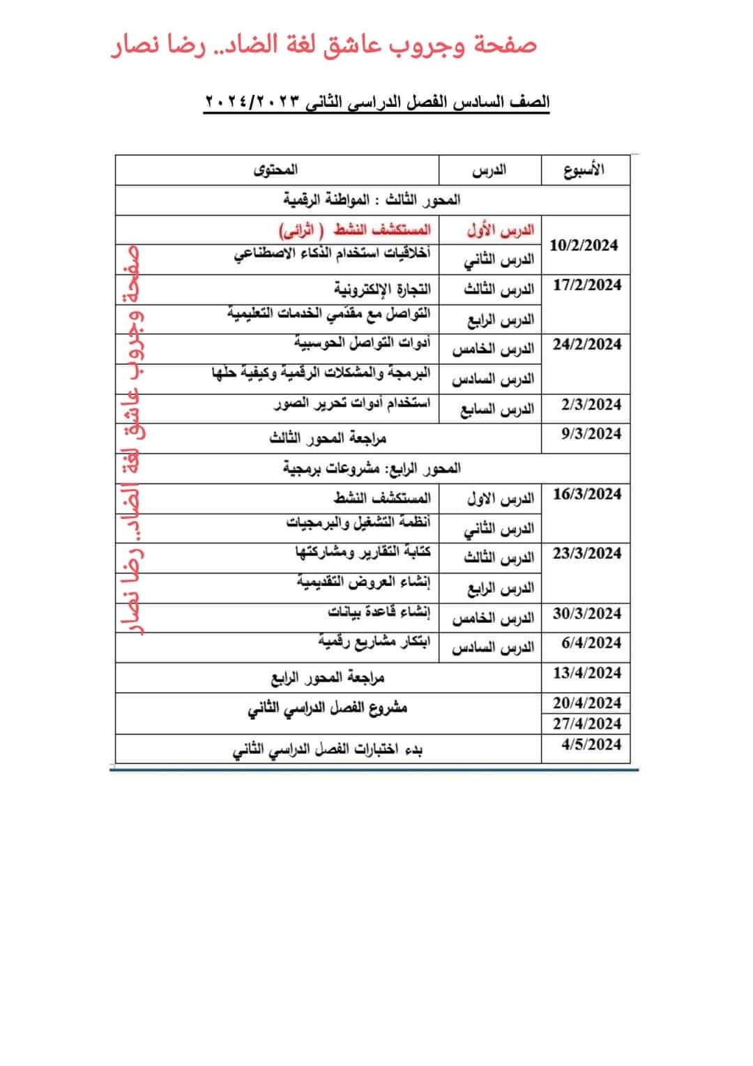 توزيع مقرر وخريطة مادة تكنولوجيا المعلومات والاتصالات الصف السادس الابتدائي الترم الثاني ٢٠٢٤