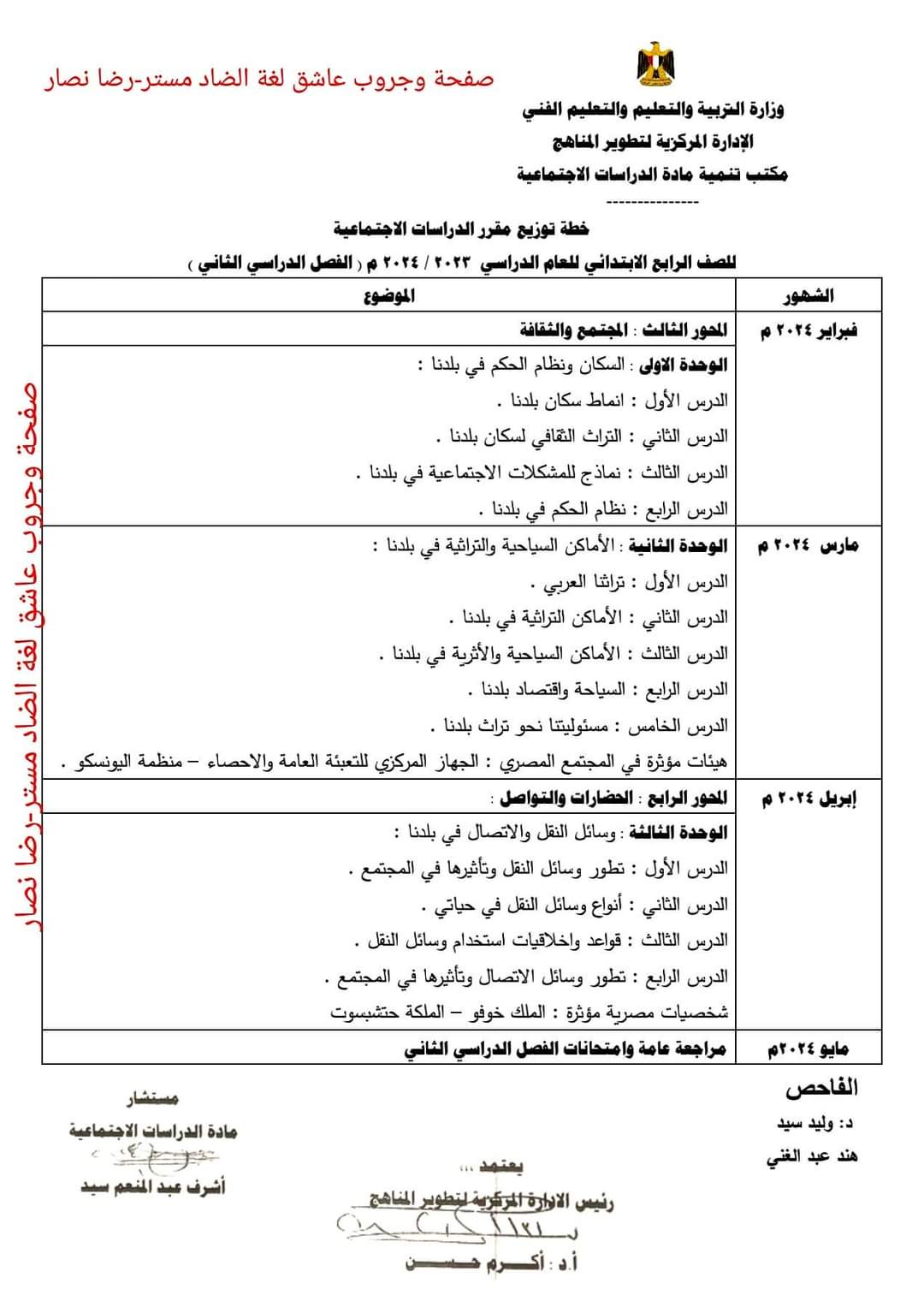 توزيع مقرر وخريطة مادة الدراسات الاجتماعية الصف الرابع الابتدائي الترم الثاني ٢٠٢٤