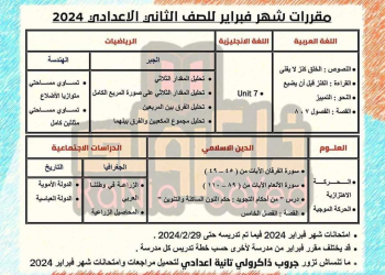 مقررات شهر فبراير ٢٠٢٤ لمواد الصف الثاني الاعدادي