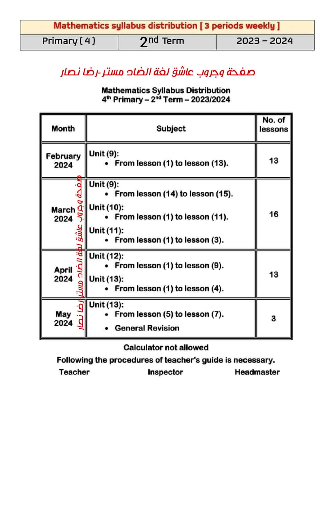 خطة توزيع منهج الماث math للصفين الرابع والخامس الابتدائي لغات الترم الثاني