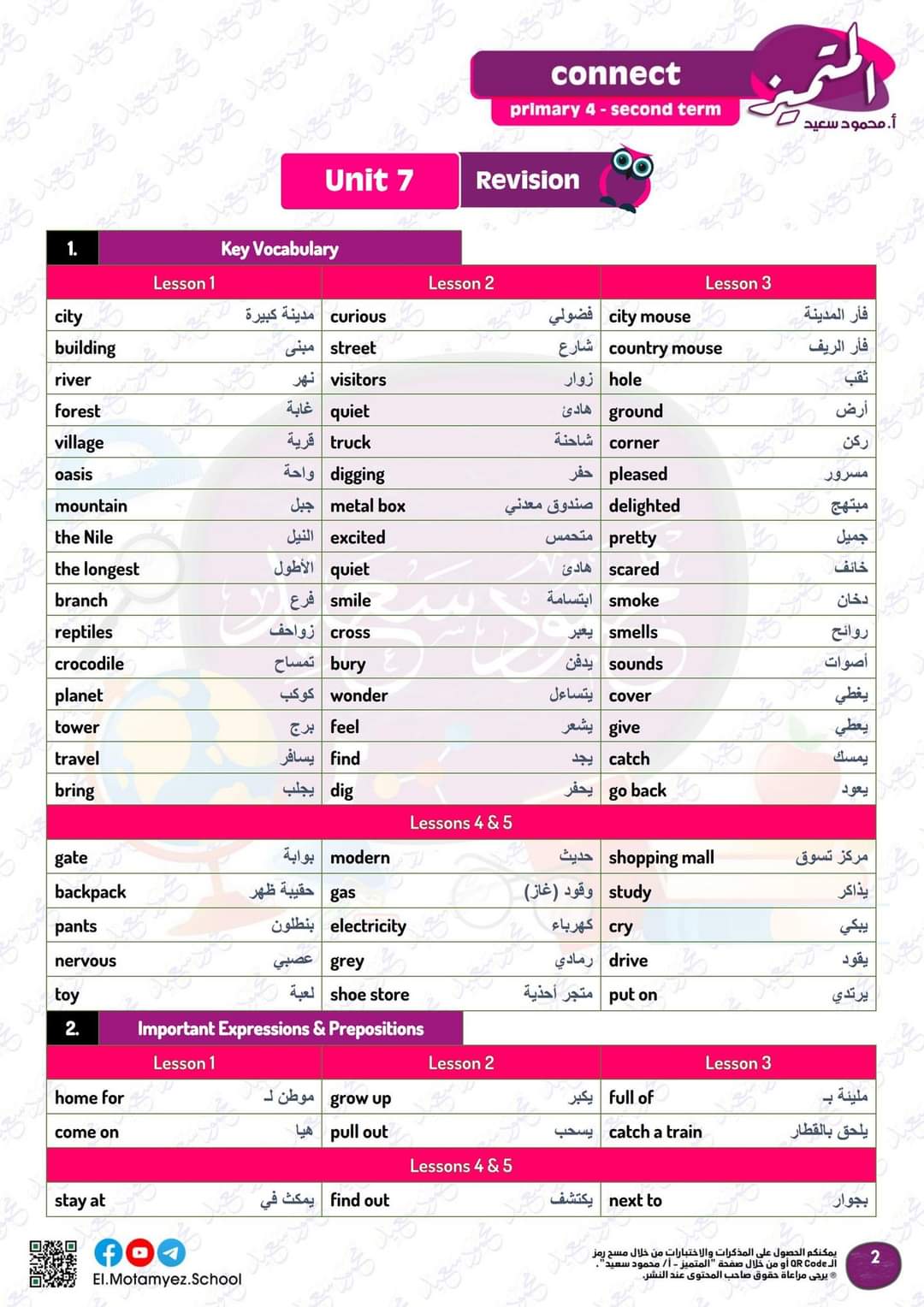 مراجعة المتميز لمقررات فبراير لغة إنجليزية connect 4 الصف الرابع الابتدائي مع الاجابات - تحميل مذكرات المتميز