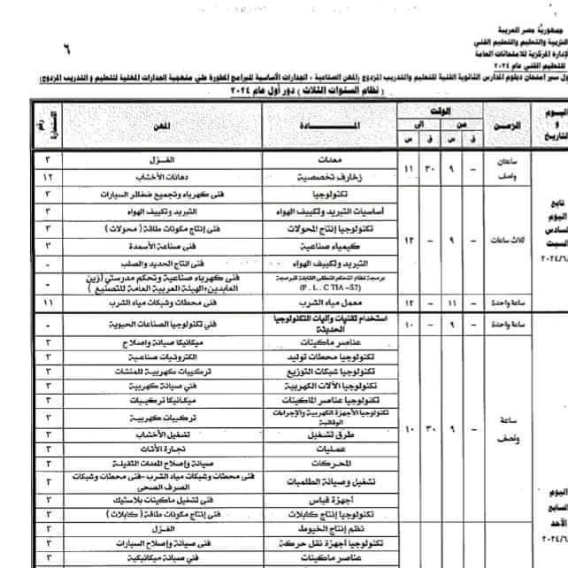 جداول امتحانات الدبلومات الفنية الثانوية الصناعية 2024 جداول امتحانات الدبلومات الفنية الثانوية الصناعية 2024