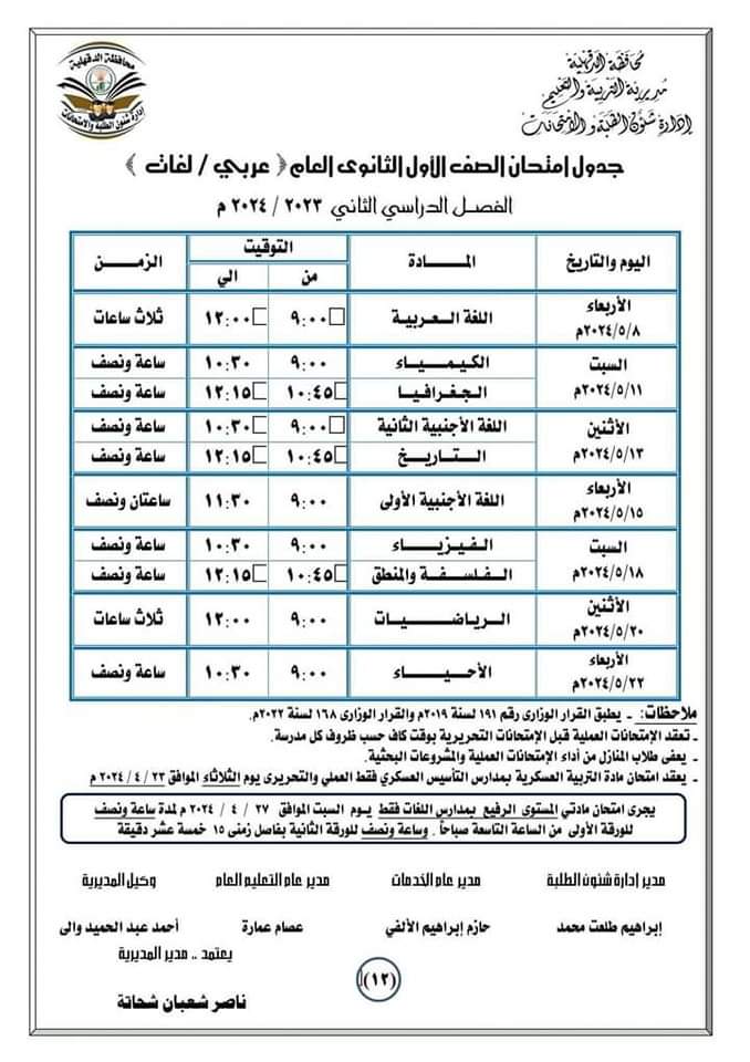 جداول امتحانات محافظة الدقهلية الفصل الدراسي الثاني