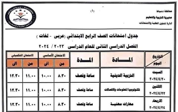 جداول امتحانات محافظة دمياط الفصل الدراسي الثاني