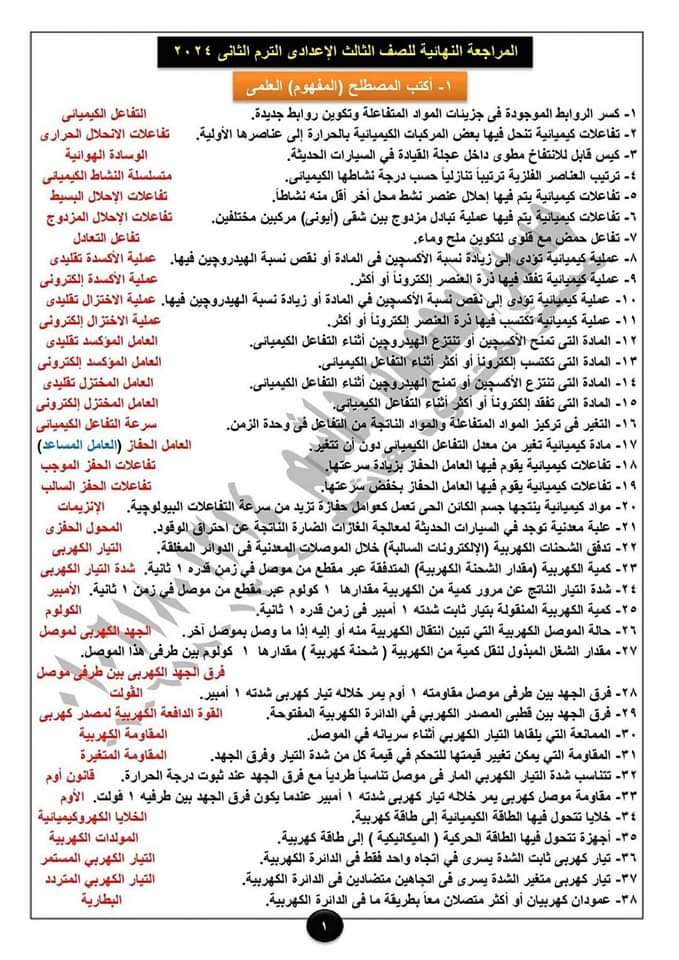 المراجعة النهائية الصف الثالث الاعدادي علوم الترم الثاني المراجعة النهائية الصف الثالث الاعدادي علوم الترم الثاني