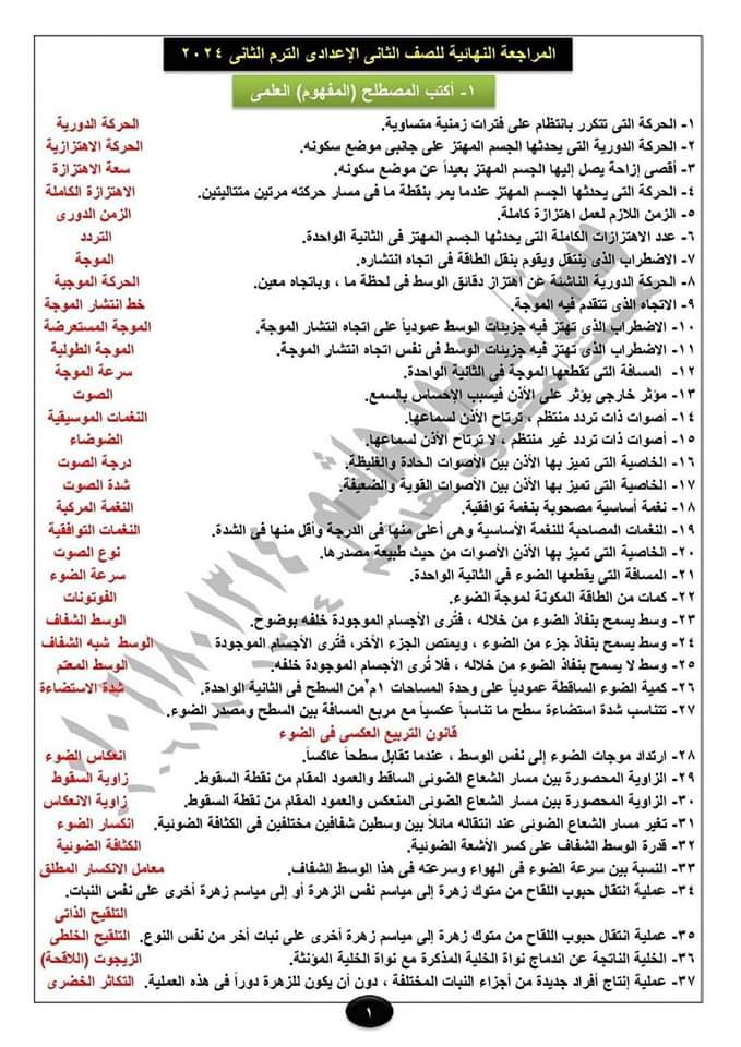 المراجعة النهائية الصف الثاني الاعدادي علوم الترم الثاني المراجعة النهائية الصف الثاني الاعدادي علوم الترم الثاني