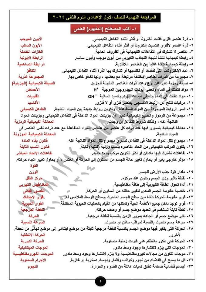 المراجعة النهائية الصف الاول الاعدادي علوم الترم الثاني