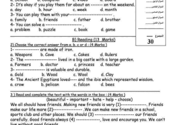 نماذج امتحانات لغة إنجليزية للمرحلة الابتدائية وحسب مواصفات الورقة الامتحانية 2024