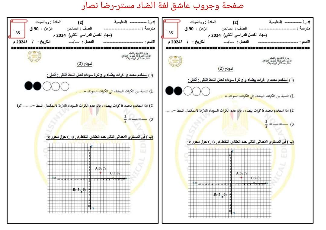المهام الادائية الرسمية في الرياضيات للصفوف الرابع والخامس والسادس الابتدائي الترم الثاني ٢٠٢٤
