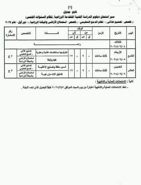 جداول امتحانات الدبلومات الفنية الزراعية نظام الثلاث سنوات وإعداد مهنى وتعليم مزدوج ونظام الخمس سنوات 2024 جداول امتحانات الدبلومات الفنية الزراعية نظام الثلاث سنوات وإعداد مهنى وتعليم مزدوج ونظام الخمس سنوات 2024