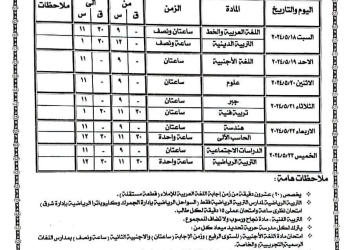 جدول امتحانات الشهادة الاعدادية الفصل الدراسي الثاني 2024 محافظة الاسكندرية