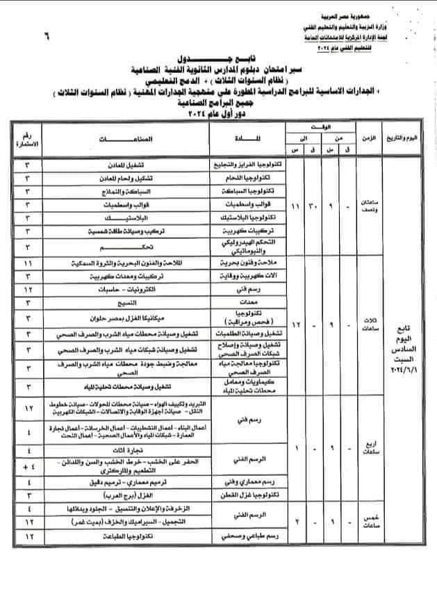 جداول امتحانات الدبلومات الفنية الثانوية الصناعية 2024 جداول امتحانات الدبلومات الفنية الثانوية الصناعية 2024