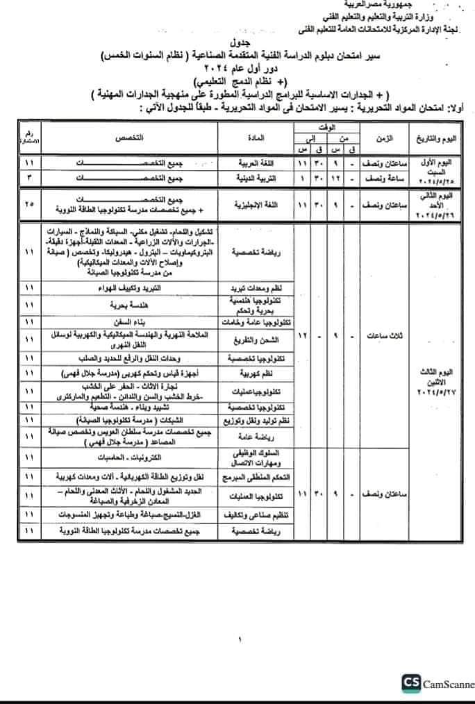 جداول امتحانات الدبلومات الفنية المتقدمة الصناعية نظام السنوات الخمس والدمج والجدارات والبرامج الدراسية المطورة على منهجية الجدارات المهنيه 2024