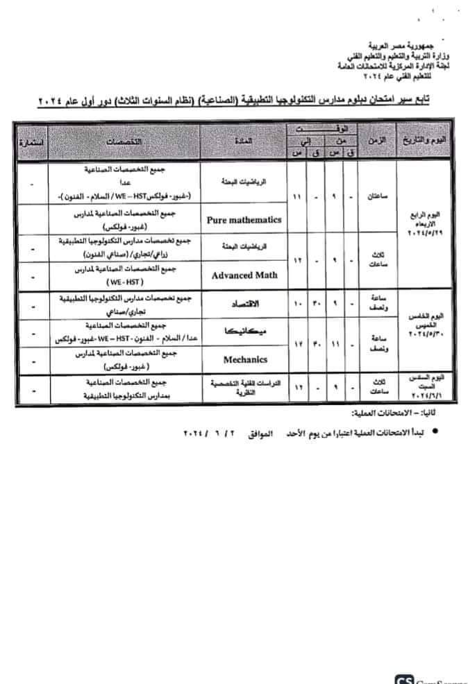 جداول امتحانات الدبلومات الفنية المتقدمة الصناعية نظام السنوات الخمس والدمج والجدارات والبرامج الدراسية المطورة على منهجية الجدارات المهنيه 2024