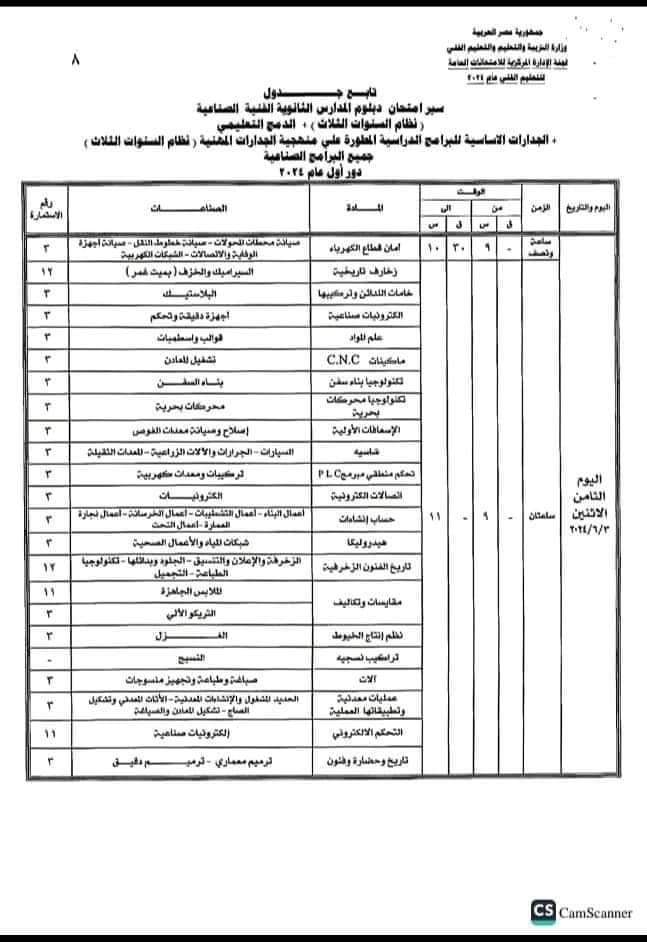 جداول امتحانات الدبلومات الفنية الثانوية الصناعية 2024 جداول امتحانات الدبلومات الفنية الثانوية الصناعية 2024