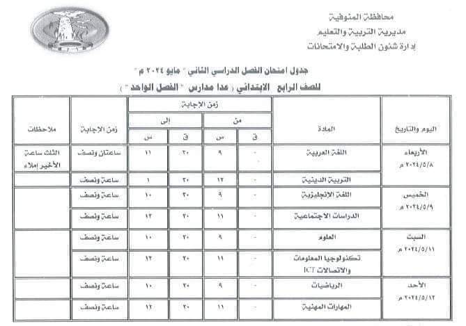 جدول امتحانات محافظة المنوفية للصفوف الرابع والخامس والسادس الابتدائي الترم الثاني 2024 جدول امتحانات محافظة المنوفية للصفوف الرابع والخامس والسادس الابتدائي الترم الثاني 2024
