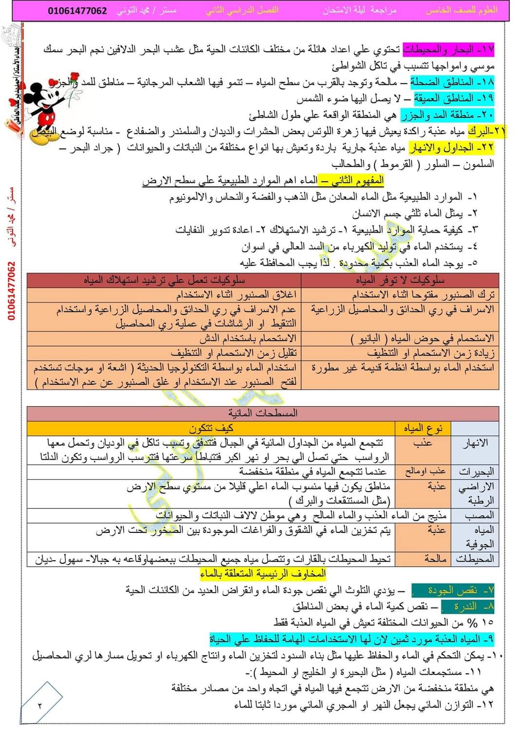 مذكرة مراجعة ليلة الامتحان علوم الصف الخامس الابتدائي الترم الثاني مستر محمد التوني