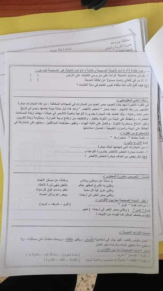 امتحان عربي ودين الصف الخامس الابتدائي محافظة بور سعيد الترم الثاني ٢٠٢٤