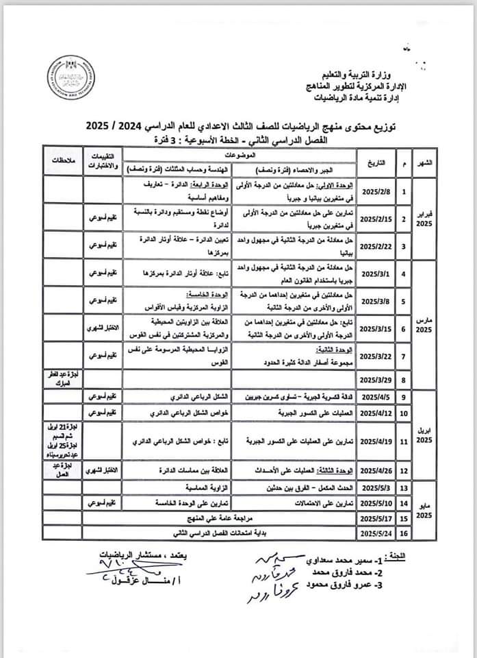 توزيع منهج الرياضيات للمرحلة الاعدادية الفصل الدراسي الاول والثاني 2025