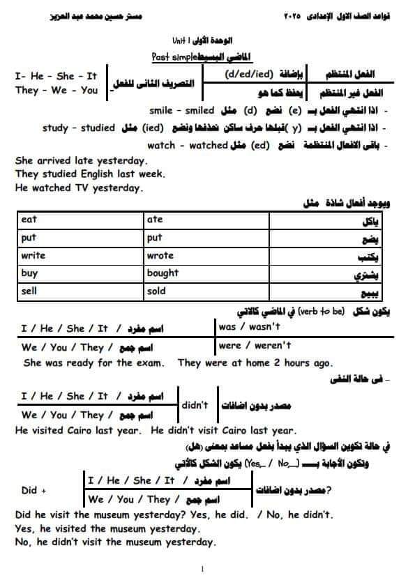 ملزمة جرامر المنهج الجديد اولى اعدادي الترم الاول