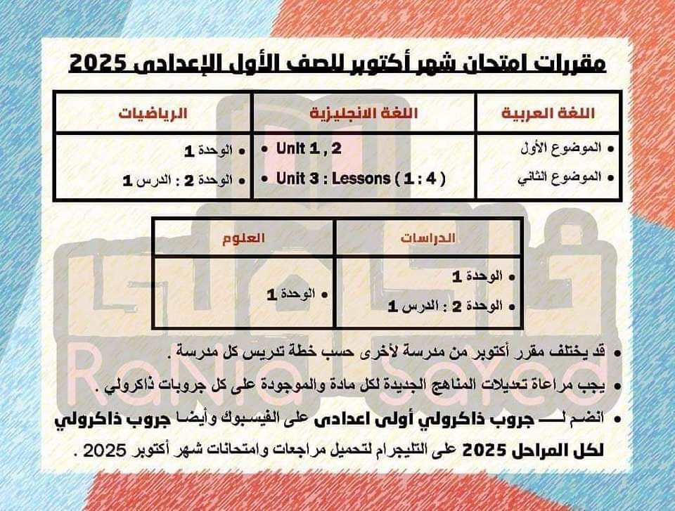 تحميل مقررات شهر اكتوبر 2025 لمواد الصف الاول الاعدادي تحميل مقررات شهر اكتوبر 2025 لمواد الصف الاول الاعدادي - تحميل مراجعات اكتوبر