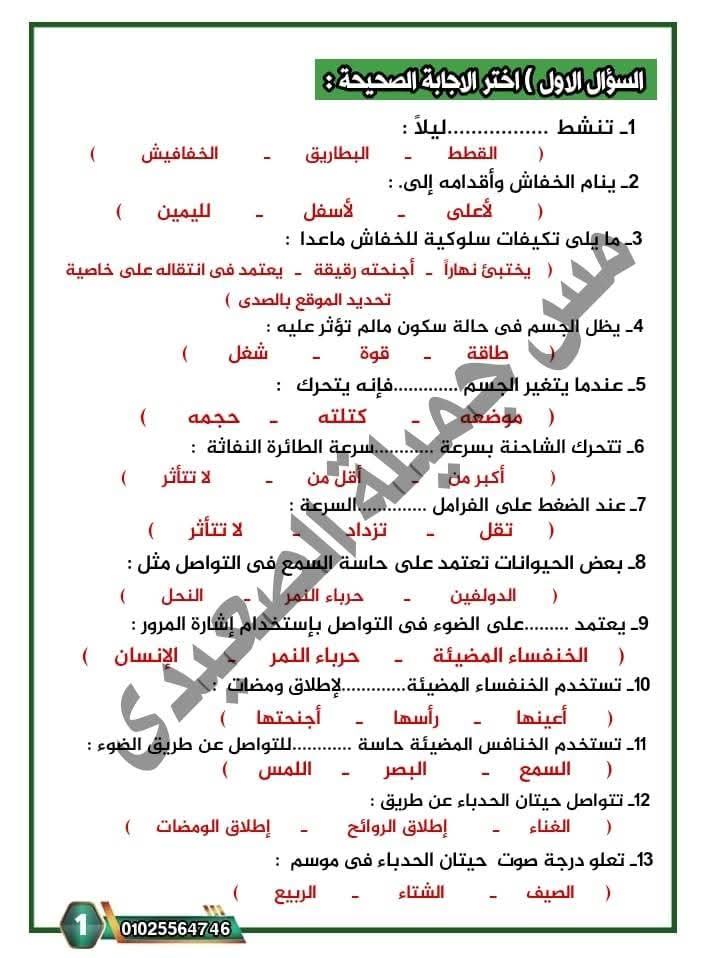 بوكليت مراجعة العلوم للصف الرابع الابتدائي الفصل الدراسي الاول