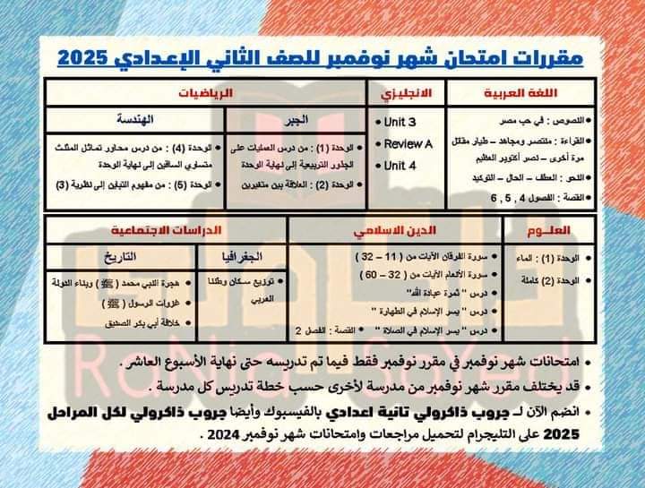 مقررات شهر نوفمبر 2024 لمواد الصف الثاني الاعدادي مقررات شهر نوفمبر 2024 لمواد الصف الثاني الاعدادي