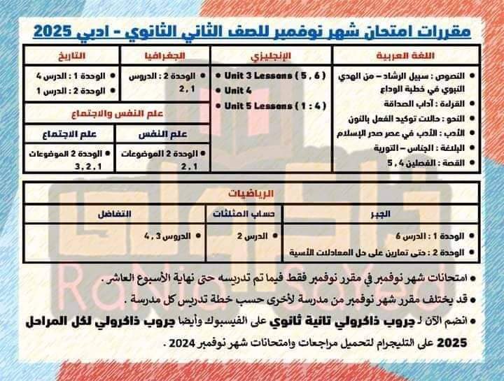 مقررات شهر نوفمبر 2024 لمواد الصف الثاني الثانوي الشعبة الأدبية مقررات شهر نوفمبر 2024 لمواد الصف الثاني الثانوي الشعبة الأدبية