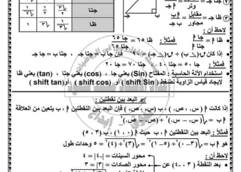 ملخص الهندسة وحساب المثلثات للصف الثالث الإعدادي الفصل الدراسي الأول