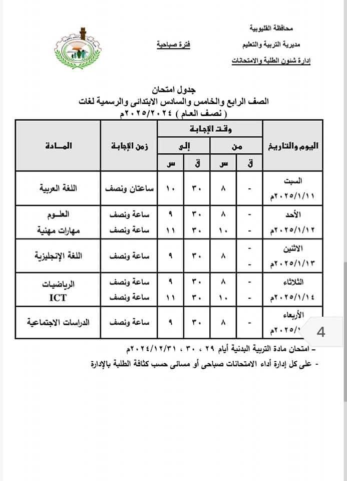 جدول امتحانات نصف العام للصفوف الثالث والرابع والخامس والسادس الابتدائي كل المحافظات 2025 جدول امتحانات نصف العام للصفوف الثالث والرابع والخامس والسادس الابتدائي كل المحافظات 2025 - جدول امتحانات تالتة ابتدائي