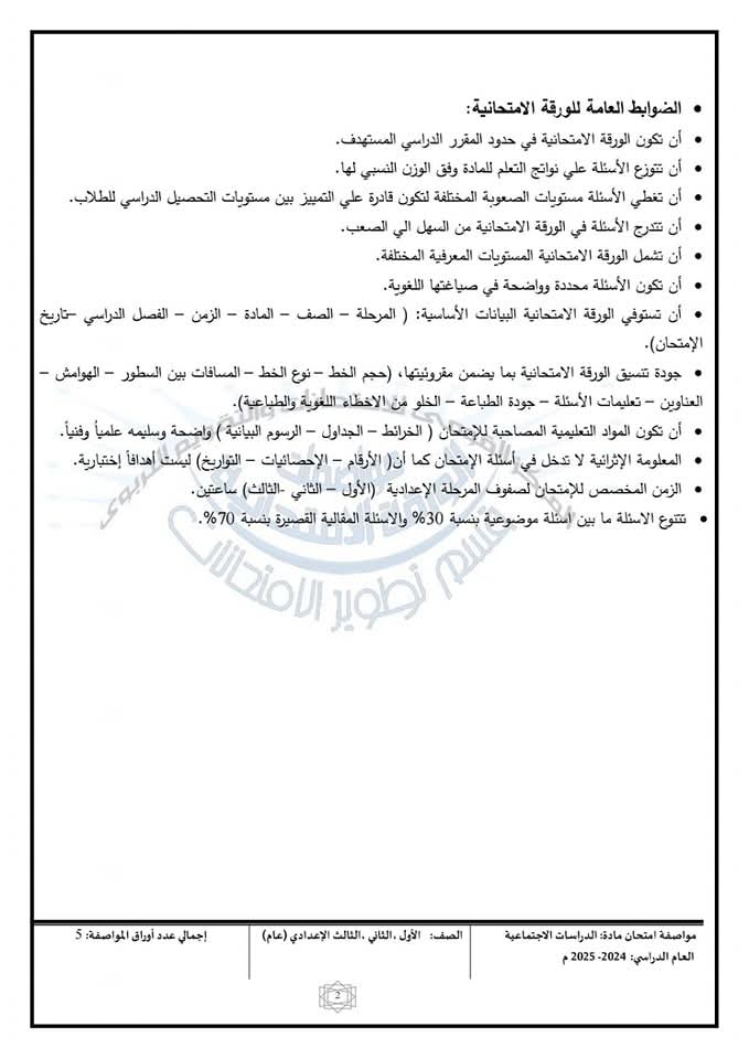 مواصفات الورقة الامتحانية في الدراسات الاجتماعية للصفوف الاول والثاني والثالث الاعدادي  2025 - مواصفات امتحان الدراسات الاجتماعية