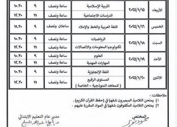 جدول امتحانات المرحلة الابتدائية الفصل الدراسي الاول 2025