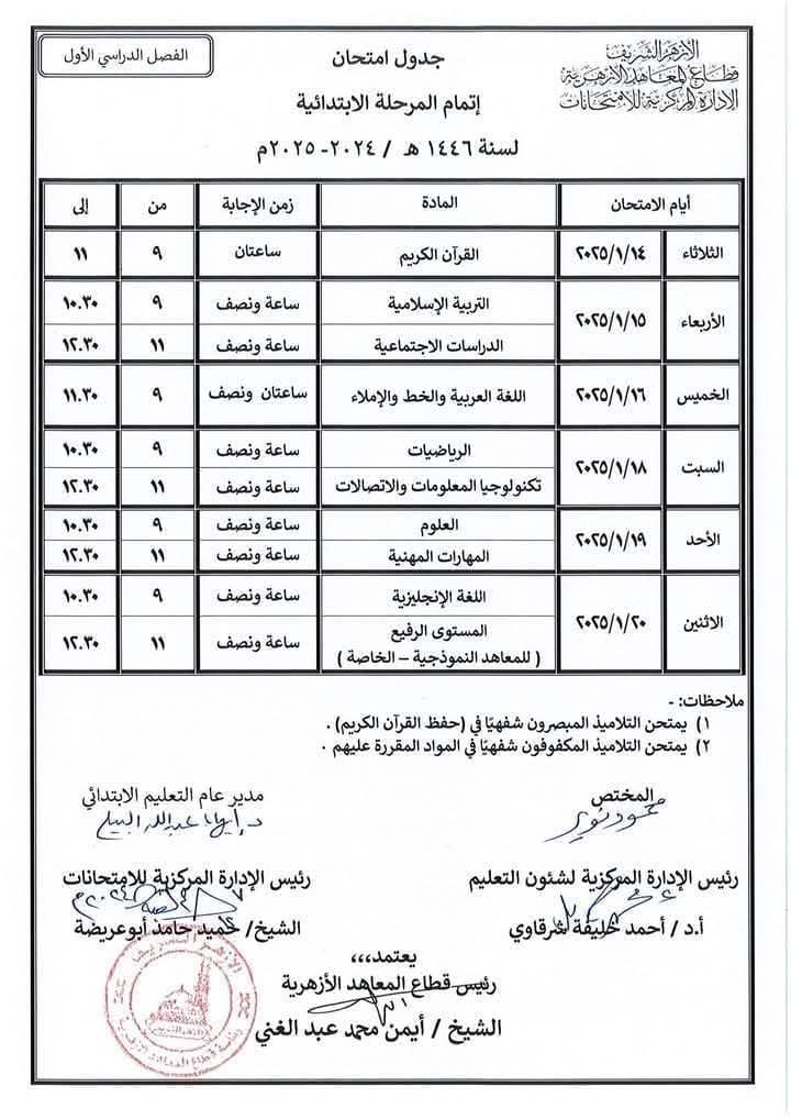 جدول امتحانات المرحلة الابتدائية الفصل الدراسي الاول 2025 جدول امتحانات المرحلة الابتدائية الفصل الدراسي الاول 2025