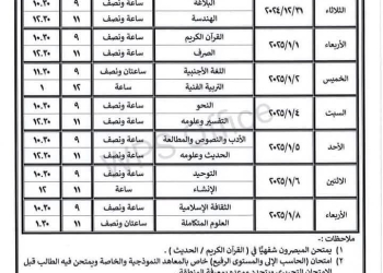 جدول امتحانات الصفين الأول والثاني الثانوي علمي وأدبي الفصل الدراسي الاول 2025