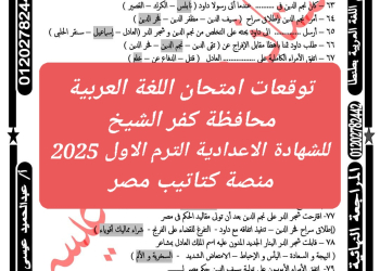 توقعات امتحان اللغة العربية محافظة كفر الشيخ للشهادة الاعدادية الترم الاول 2025 - تحميل توقعات الشهادة الاعدادية