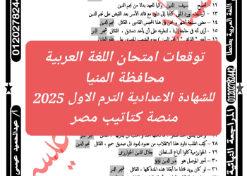 توقعات امتحان اللغة العربية محافظة المنيا للشهادة الاعدادية الترم الاول 2025 - تحميل توقعات الشهادة الاعدادية