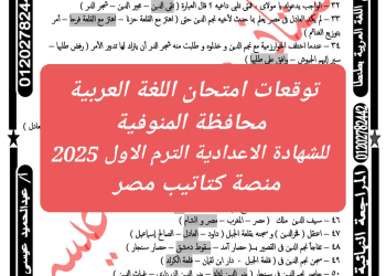 توقعات امتحان اللغة العربية محافظة المنوفية للشهادة الاعدادية الترم الاول 2025 - تحميل توقعات الشهادة الاعدادية