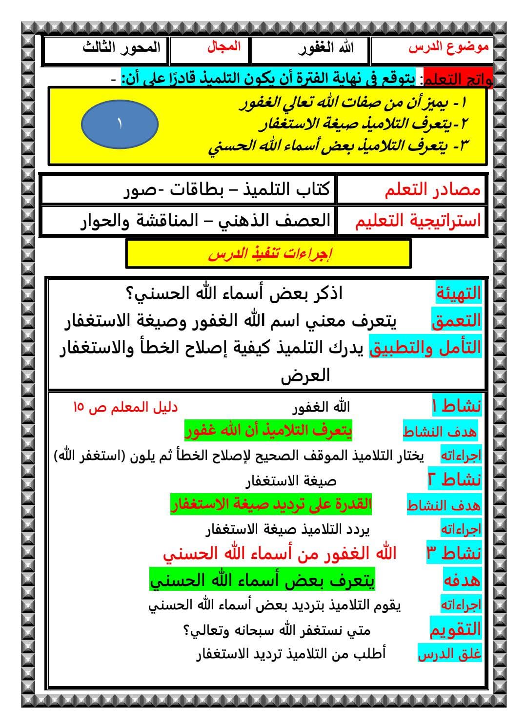 دفتر تحضير التربية الدينية الإسلامية للصف الأول الابتدائي الفصل الدراسي الثاني 2025