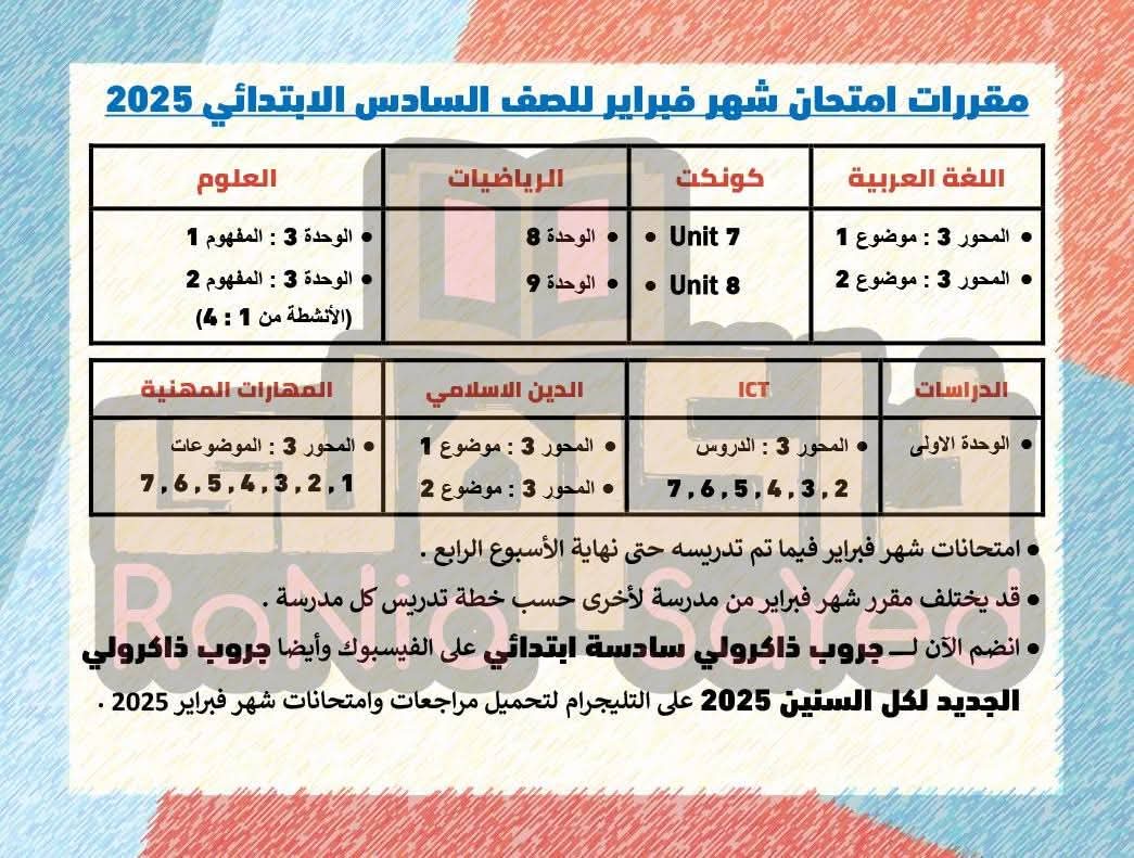 مقررات امتحانات شهر فبراير لمواد جميع الصفوف من الصف الثالث الابتدائي إلى الصف الثاني الثانوي