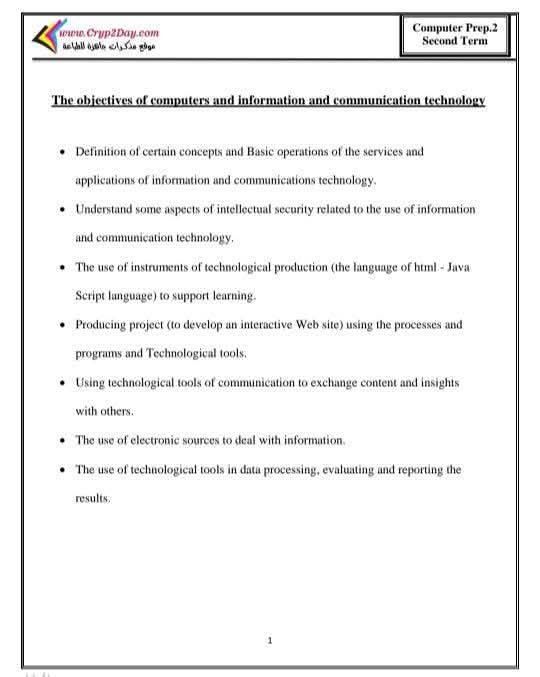 مذكرة تكنولوجيا المعلومات و ICT للصف الثاني الاعدادي الفصل الدراسي الثاني
