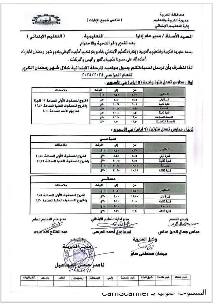 مواعيد الدراسة في شهر رمضان للمرحلة الابتدائية والإعدادية