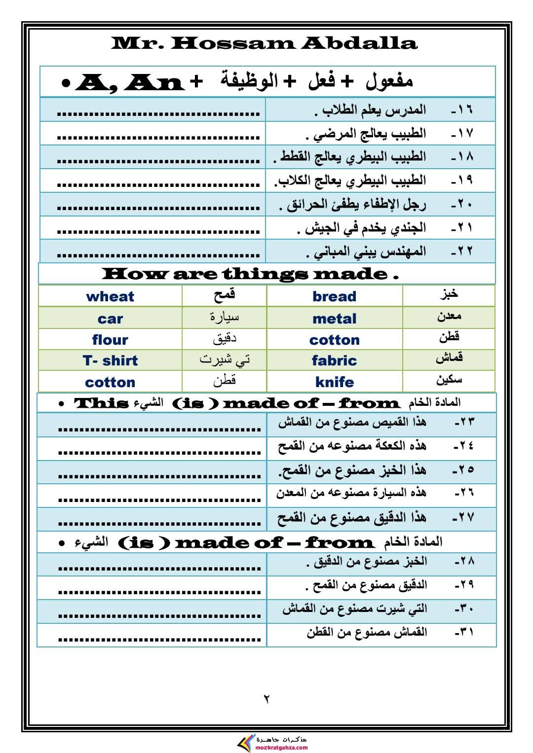 مذكرة اللغة الإنجليزية للصف الأول الابتدائي الفصل الدراسي الثاني
