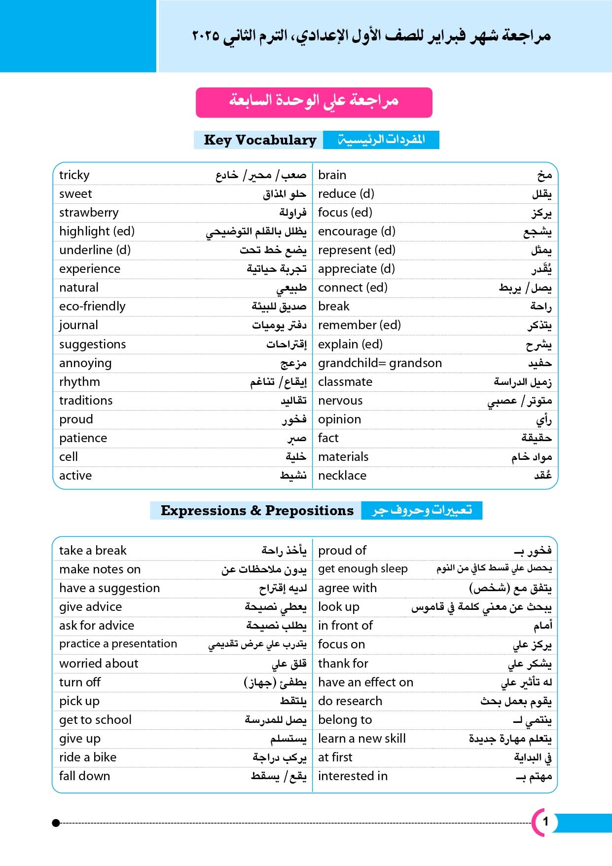 مراجعة شهر فبراير 2025 لغة إنجليزية الصف الاول الاعدادي نظام جديد