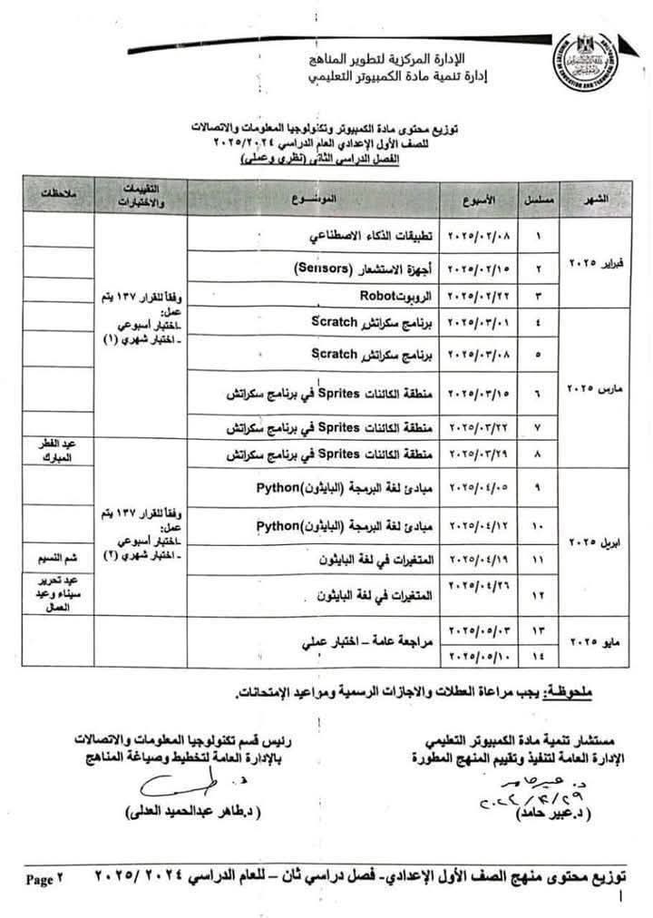 توزيع منهج الكمبيوتر وتكنولوجيا المعلومات ict للصف الاول الاعدادي الترم الثاني 2025