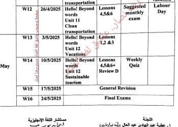 توزيع مقرر منهج اللغة الإنجليزية الصف الاول الاعدادي نظام جديد الترم الثاني 2025