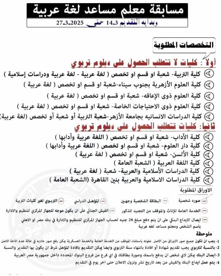 تفاصيل مسابقة ٢٥ الف معلم مساعد لغة عربية 2025