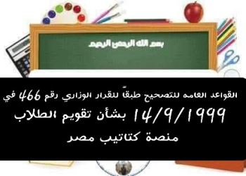 القواعد العامه للتصحيح طبقاً للقرار الوزاري رقم 466 في 14/9/1999 بشأن تقويم الطلاب
