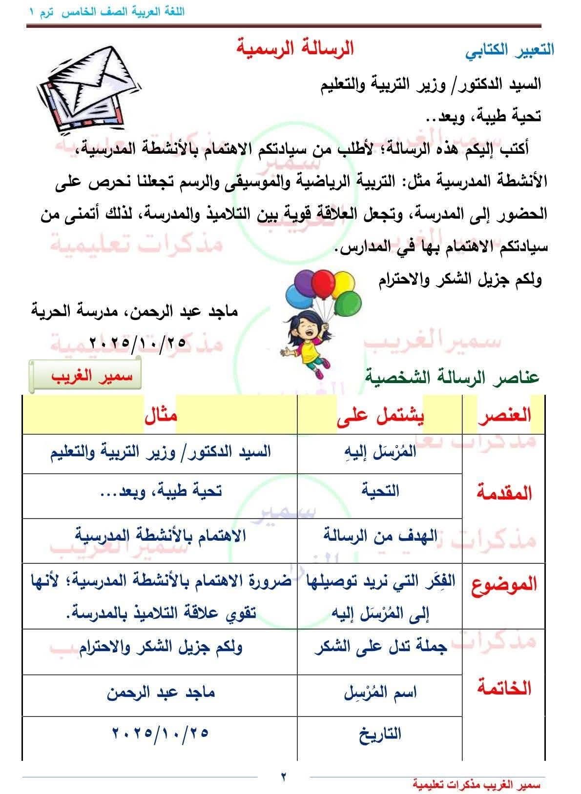 ملزمة التعبير الكتابي المنهج الجديد للصف الخامس الابتدائي الترم الاول